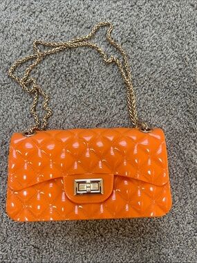 Orange Quilted Patent Chain Shoulder Bag